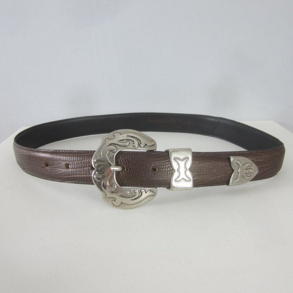 Kenneth Cole NY Womens Small Brown Leather Western Silver Western Belt 30"